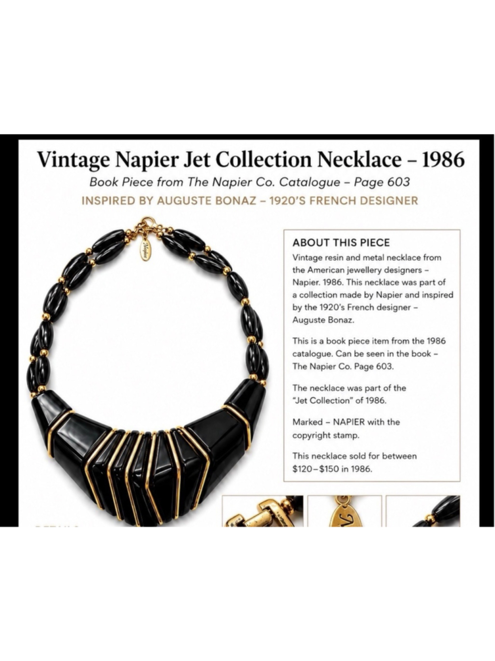 Vintage 1986 Napier Jet Collection Statement Necklace Black Gold Book Piece - Picture 4 of 4